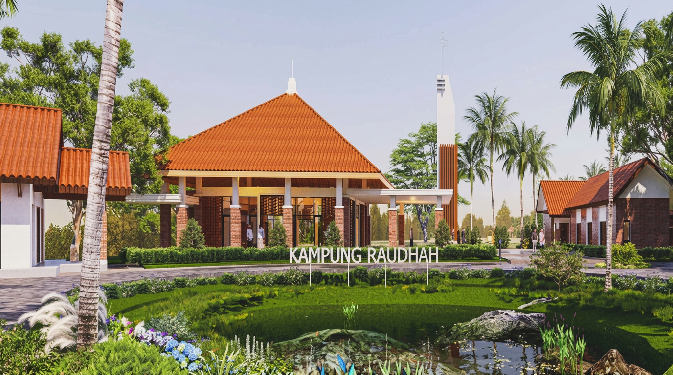 Ilustrasi kawasan Kampung Raudhoh dengan masjid, villa, dan taman tropis yang asri